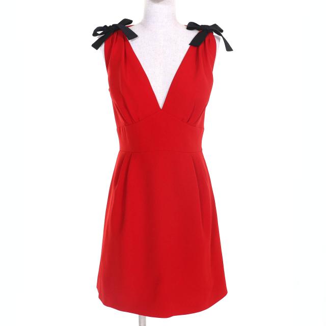 良品△MIUMIU ミュウミュウ MF2364 4KT cady dress 肩リボン ノースリーブ ドレス ワンピース レッド ブラック 38 伊製 正規品 レディース