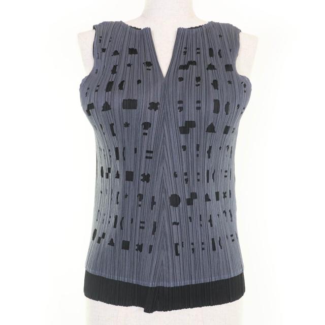 極美品☆PLEATS PLEASE プリーツプリーズ イッセイミヤケ PP71-JK501 デザイン ノースリーブ カットソー ブラック グレー 3 正規品
