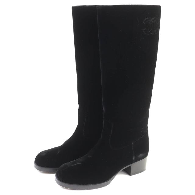 極美品△CHANEL シャネル 21A G37985 ココマーク ベロア ラウンドトゥ ロングブーツ チャンキーヒール ブラック 36.5 保存袋付 伊製