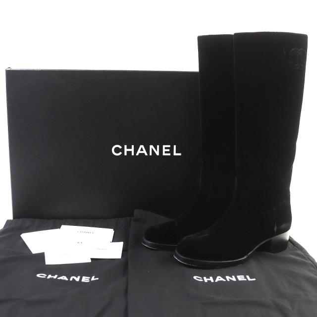 極美品△CHANEL シャネル 21A G37985 ココマーク ベロア ラウンドトゥ ロングブーツ チャンキーヒール ブラック 36.5 保存袋付 伊製_1