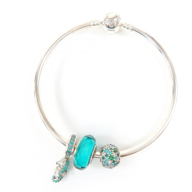 PANDORA パンドラ バングル ブレスレット チャームセット 極美品☆PANDORA パンドラ 925 3個チャーム付 バングル ブレスレット