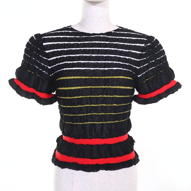 極美品△LOUIS VUITTON ルイヴィトン 23SS クルーネック 半袖 クロップド ニット トップス ブラック レッド S イタリア製 正規品