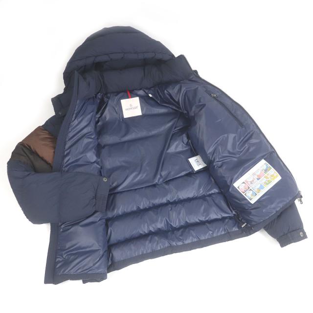 美品□MONCLER モンクレール 24-25AW ENZIAN GIUBOTTO ロゴワッペン フーデッド ダウンジャケット ネイビー ブラウン 2 正規品　メンズ