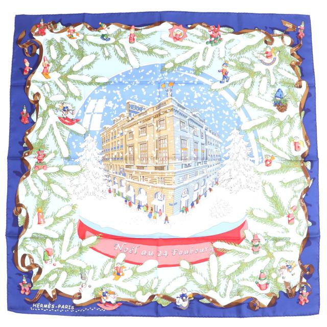 未使用品☆HERMES エルメス カレジェアン90 カレ90 フォーブル24番地のクリスマス シルク100％ マリンクレール スカーフ 箱付 仏製
