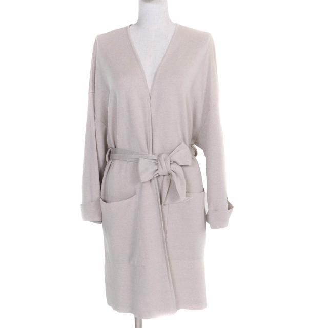 美品◇FOXEY フォクシー 42619 リネン Swing ロゴ刺繍 ベルト付き 長袖 ロングカーディガン ベージュ S〜Mサイズ相当 日本製 正規品