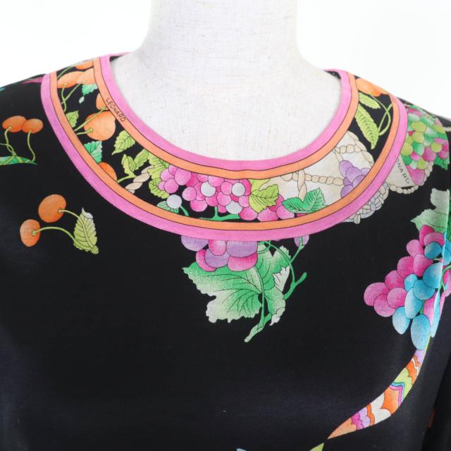 美品★LEONARD FASHION レオナール ファッション コットン100％ 花柄 袖シースルー切替 ワンピース チュニック ブラック L 日本製_3