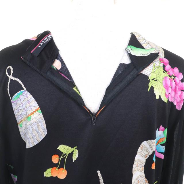 美品★LEONARD FASHION レオナール ファッション コットン100％ 花柄 袖シースルー切替 ワンピース チュニック ブラック L 日本製_4
