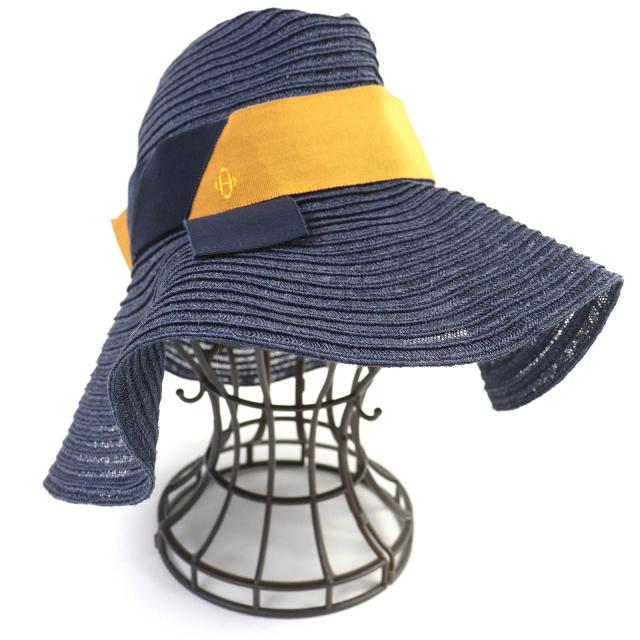 極美品△HERMES エルメス ヘンプ100％ Hロゴ刺繍 リボン ストローハット 麦わら帽子 ネイビー イエロー系 56 イタリア製 正規品