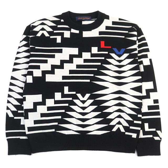 美品○LOUIS VUITTON ルイヴィトン 24SS HQN11W LVファーツリー ロゴ総柄 クルーネック ニット ブラック ホワイト S 伊製 正規品 メンズ