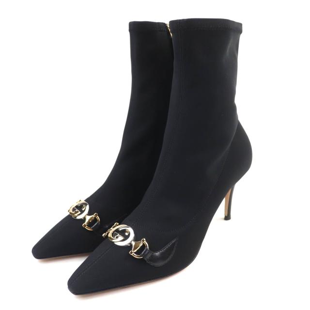 極美品★GUCCI グッチ ズゥミ インターロッキングG ミッドヒール ファブリック アンクルブーツ ブラック 36.5 イタリア製 レディース