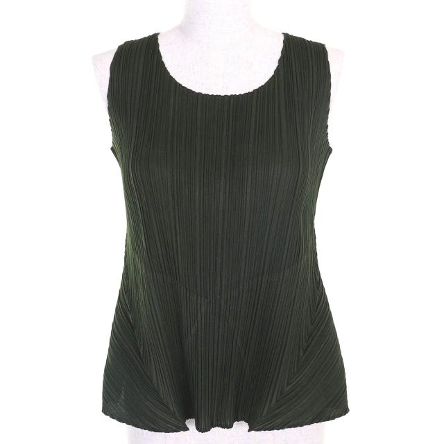 美品△PLEATS PLEASE プリーツプリーズ イッセイミヤケ PP51-JK141 ノースリーブ カットソー トップス カーキ 3 正規品 レディース