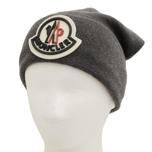 極美品▲MONCLER モンクレール BERRETTO ウール100％ ロゴワッペン付き ニット帽子 ニットキャップ グレー UNI イタリア製 正規品 メンズ