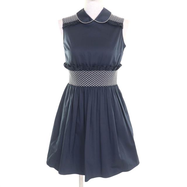 美品★MIUMIU ミュウミュウ MF2511 コットン100％ ウエストデザイン ノースリーブ ギャザー ミニ ワンピース ネイビー 36 伊製 正規品