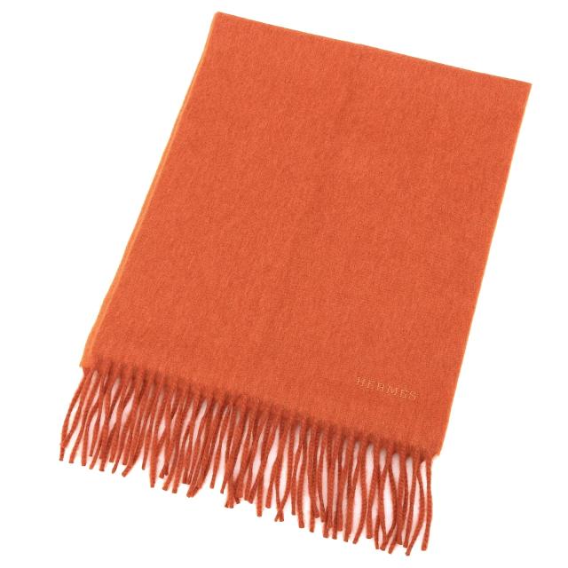 エルメス マフラー カシミヤ100% ロゴ 男女兼用ストール ロゴ刺繍 フリンジ 未使用品△HERMES エルメス カシミヤ100% ロゴ刺繍 フリンジ付き