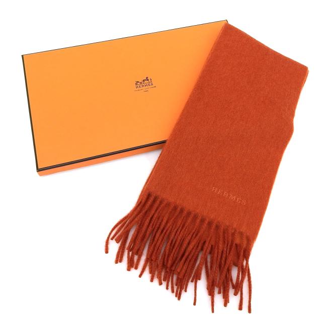 未使用品△HERMES エルメス カシミヤ100% ロゴ刺繍 フリンジ付き