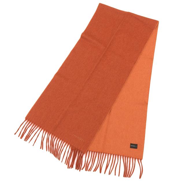 未使用品△HERMES エルメス カシミヤ100% ロゴ刺繍 フリンジ付き