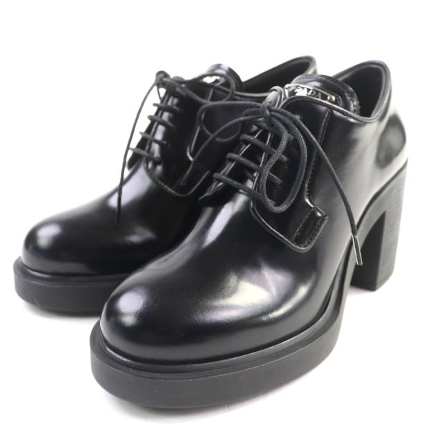 極美品★PRADA プラダ 1E976Mトライアングルロゴ チャンキーヒール レザー ローファー ブラック 36 箱・保存袋付 イタリア製 レディース