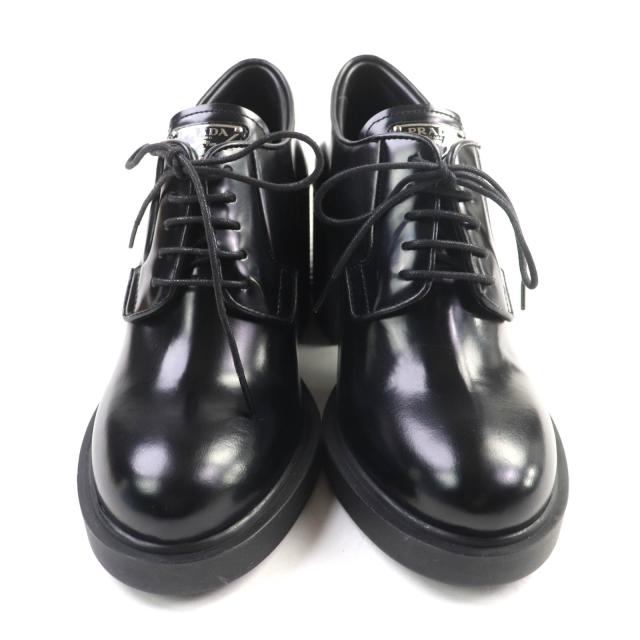 極美品★PRADA プラダ 1E976Mトライアングルロゴ チャンキーヒール レザー ローファー ブラック 36 箱・保存袋付 イタリア製 レディース_3