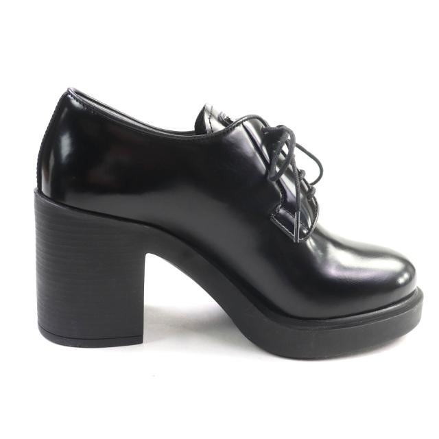 極美品★PRADA プラダ 1E976Mトライアングルロゴ チャンキーヒール レザー ローファー ブラック 36 箱・保存袋付 イタリア製 レディース_5