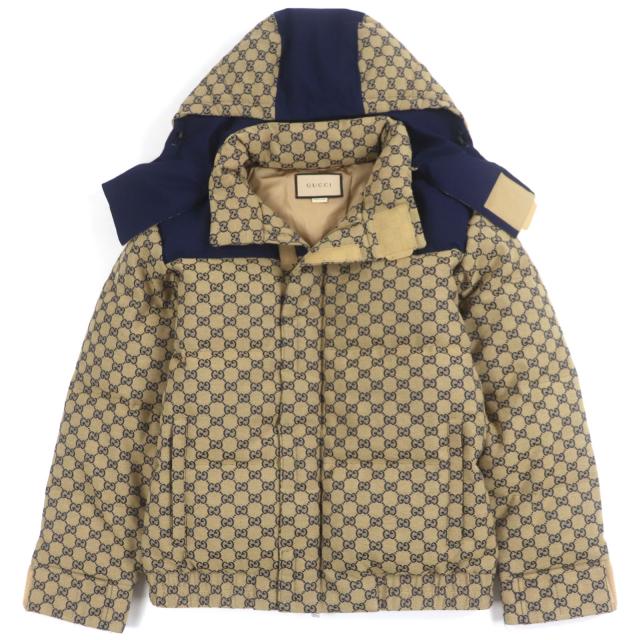 極美品▼GUCCI グッチ 715535 GGキャンバス WZIPUP フーデッド ダウンジャケット ベージュ 44 ハンガー・ガーメント付き 正規品 メンズ