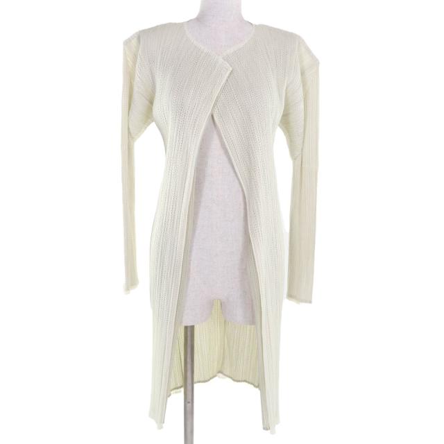 美品★プリーツプリーズ イッセイミヤケ PP06-JO702 フロントオープン レイヤードデザイン メッシュ ロングカーディガン アイボリー 3