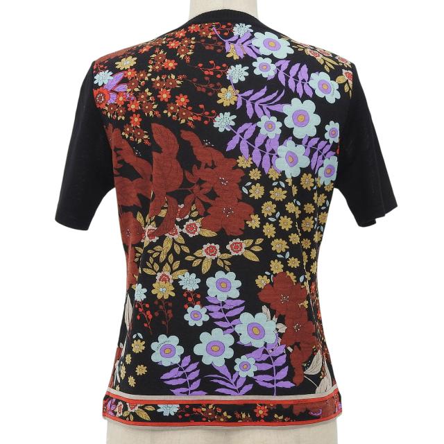 美品▲LEONARD FASHION レオナール ファッション シルク混 フラワープリント クルーネック 半袖ニット ブラック マルチ M 日本製 正規品_1