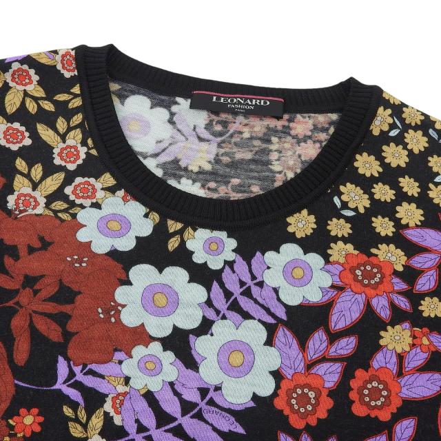 美品▲LEONARD FASHION レオナール ファッション シルク混 フラワープリント クルーネック 半袖ニット ブラック マルチ M 日本製 正規品_2
