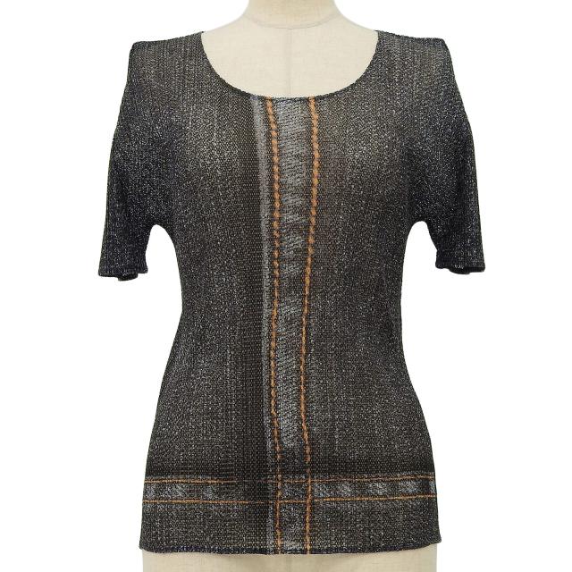 極美品▲PLEATS PLEASE プリーツプリーズ イッセイミヤケ PP13-JK534 デニム 転写 半袖 カットソー グレー系 3 日本製 正規品 レディース