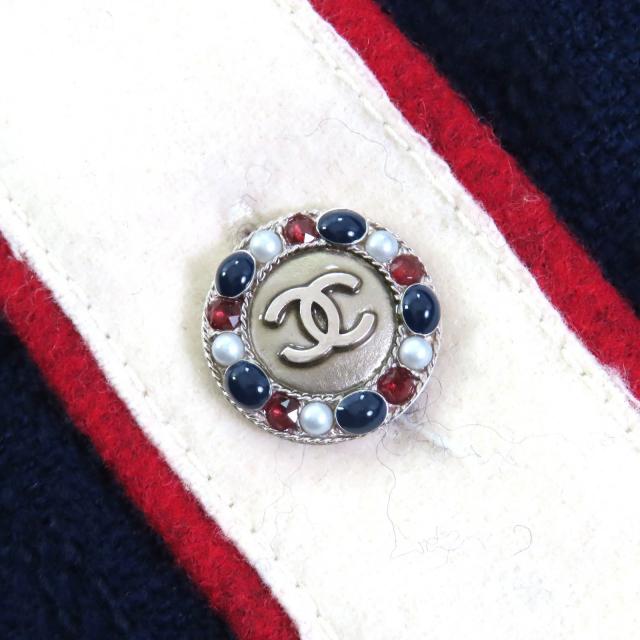 極美品△CHANEL シャネル P51806 ココボタン ショート丈 半袖 ウールツイード ジャケット ネイビー アイボリー レッド 40 仏製 正規品_4