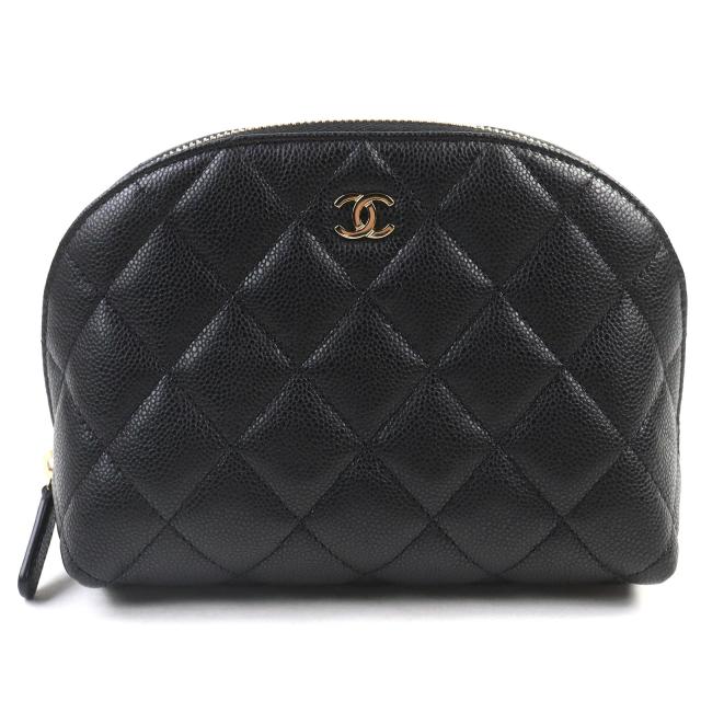 極美品△CHANEL シャネル ココマーク キャビアスキン マトラッセ ポーチ ランダムシリアル 化粧ポーチ ブラック ゴールド金具 箱・袋付き