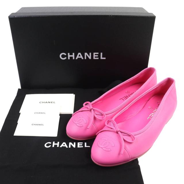 美品△CHANEL シャネル G02819 バレリーナ ココマーク リボン レザー フラット シューズ パンプス ピンク 35.5 保存袋付き イタリア製_1