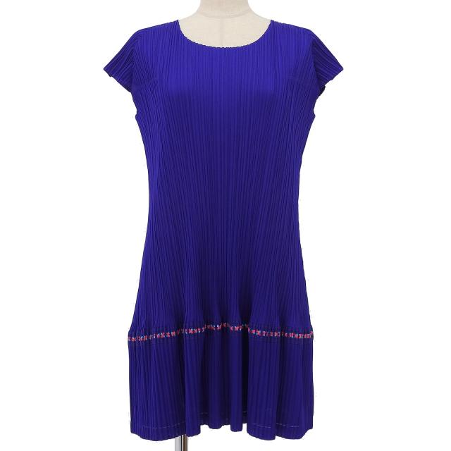 極美品▲PLEATS PLEASE プリーツプリーズ イッセイミヤケ PP03-JT576 半袖 ミニワンピース チュニック 青系 4 日本製 正規品 レディース