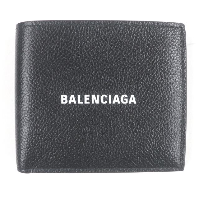 未使用品□BALENCIAGA バレンシアガ 594549 ロゴ入り レザー 二つ折り コンパクトウォレット 札入れ ブラック 箱・保存袋付 イタリア製
