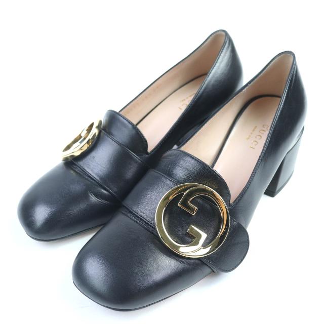 美品◇GUCCI グッチ 700053 レザー インターロッキングG ミッドヒール パンプス 黒 ゴールド金具 36.5 保存袋付き イタリア製 レディース