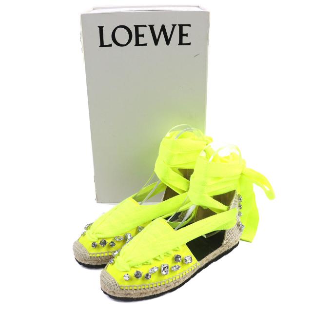 未使用品△LOEWE ロエベ ビジュー付き エスパドリーユ レースアップ サンダル ネオンイエロー 36 レディース オススメ◎_1