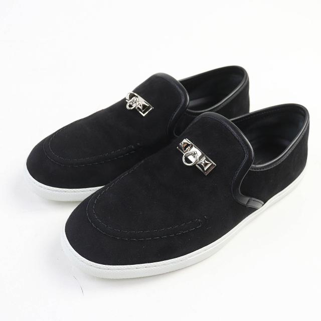 美品◇HERMES エルメス モカシン ジュール メドール スウェードレザー シルバー金具 スニーカー ブラック 38 箱・保存袋付き イタリア製