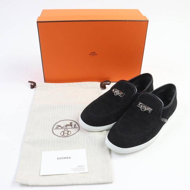 美品◇HERMES エルメス モカシン ジュール メドール スウェードレザー シルバー金具 スニーカー ブラック 38 箱・保存袋付き イタリア製_1