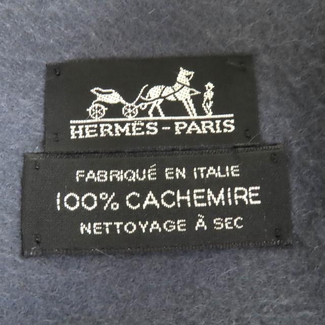 良品△HERMES エルメス カシミヤ100％ ロゴ刺繍 フリンジ 超大判 ショール ストール ブランケット ネイビー レディース_5