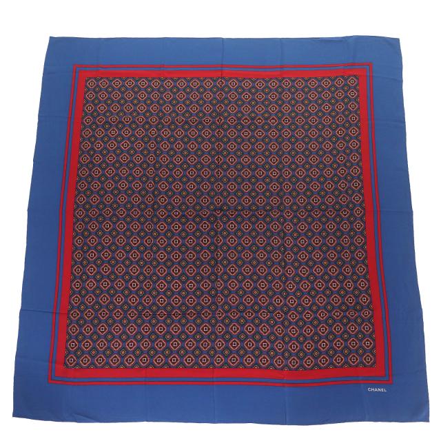極美品△CHANEL シャネル ヴィンテージ シルク100％ ロゴ 総柄プリント カレ140サイズ スカーフ ブルー レッド系 イタリア製 レディース