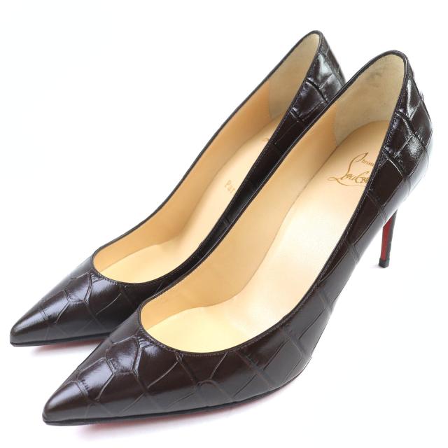 極美品△Christian Louboutin クリスチャンルブタン 3200067 KATE 85 クロコ型押しレザー ポインテッドトゥ パンプス ダークブラウン37