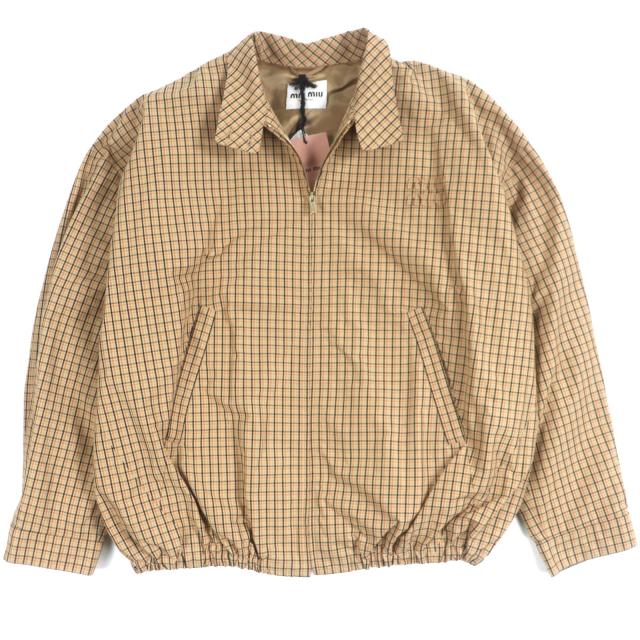 未使用品▼Miu Miu ミュウ ミュウ 25SS ML1066 チェックキャンバス ロゴワッペン ZIPUP ジャケット ブルゾン ブラウン 46 正規品 メンズ