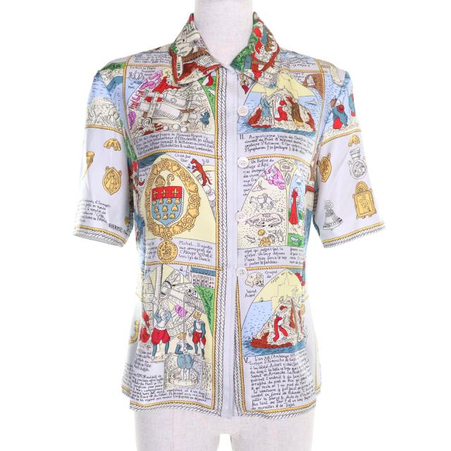 極美品★HERMES エルメス ヴィンテージ モンサンミッシェル MONT SAINCT MICHEL シルク100％ 総柄 半袖シャツ マルチ 38 仏製 レディース
