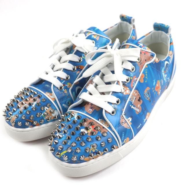 極美品▼クリスチャンルブタン ルイスジュニア レザー スパイクスタッズ ローカットスニーカー ブルー ホワイト 40.5 保存袋付き メンズ