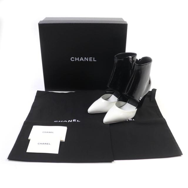 未使用品★CHANEL シャネル G35430 ココマーク バイカラー サイドZIP パテントレザー アンクルブーツ ブラック ホワイト 35 箱・保存袋付_1