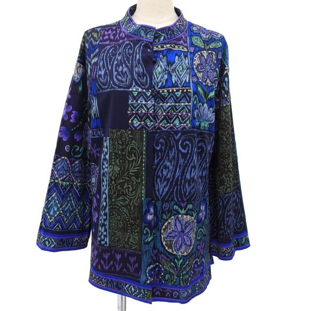 極美品▲LEONARD FASHION レオナール ファッション 0339113 コットン100％ スタンドカラー 総柄 長袖シャツ マルチ LL 日本製 正規品