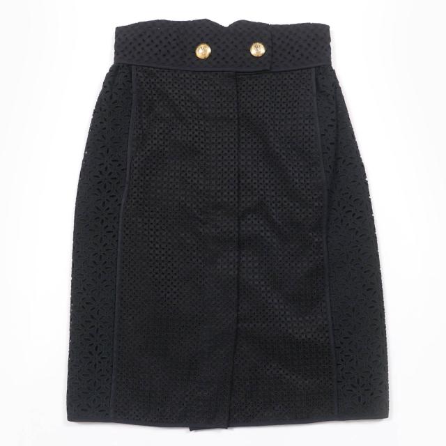 美品☆LOUIS VUITTON ルイヴィトン コットン シルク アイレットレースフラワーデザイン LV金ボタン スカート ブラック 36 伊製 正規品