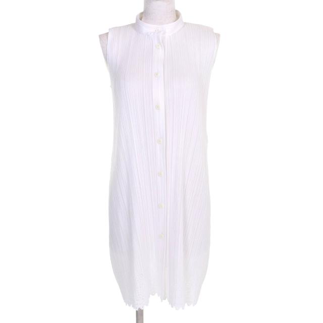 極美品★PLEATS PLEASE プリーツプリーズ イッセイミヤケ ハイネック フロントボタン 裾レース ノースリーブ ワンピース 白 3 正規品