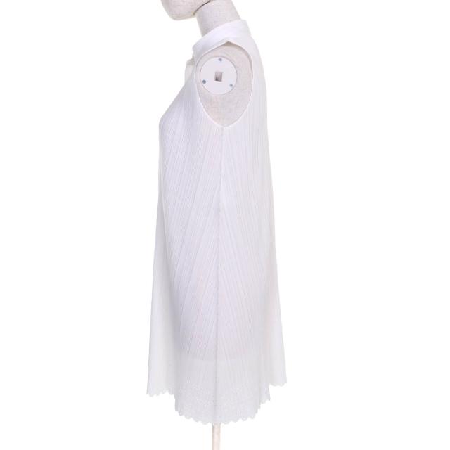 極美品★PLEATS PLEASE プリーツプリーズ イッセイミヤケ ハイネック フロントボタン 裾レース ノースリーブ ワンピース 白 3 正規品_1