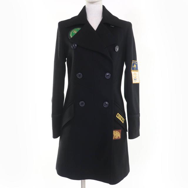 極美品☆COACH コーチ 23152 ウール ワッペン付 ダブルブレスト コート ブラック 2 約S〜Mサイズ相当 正規品 レディース