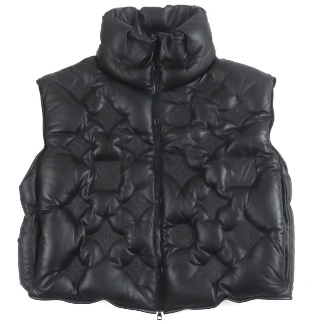 極美品▼LOUIS VUITTON ルイヴィトン HHL84W モノグラム ボーイフッドパファ 牛革 レザー WZIPUP ジレ ダウンベスト 黒 S 正規品 メンズ